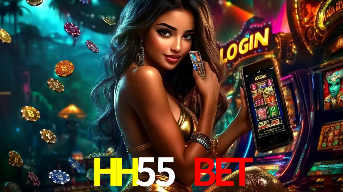 Mulher em um cenário de cassino temático de aventura, mostrando o app de caça-níqueis da HH55 BET no celular. Fichas de apostas flutuam ao redor.