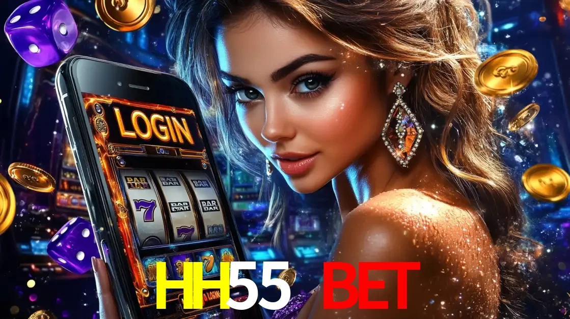 Mulher glamorosa segurando um smartphone com a tela de login para os jogos de caça-níqueis do cassino online HH55 BET, com moedas de ouro e dados ao redor.