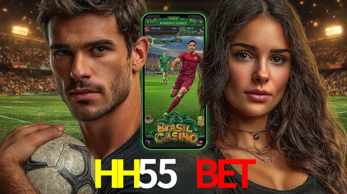 Homem segurando uma bola de futebol e uma mulher ao lado de um smartphone exibindo o jogo de apostas esportivas da HH55 BET. Faça seu palpite no cassino online.